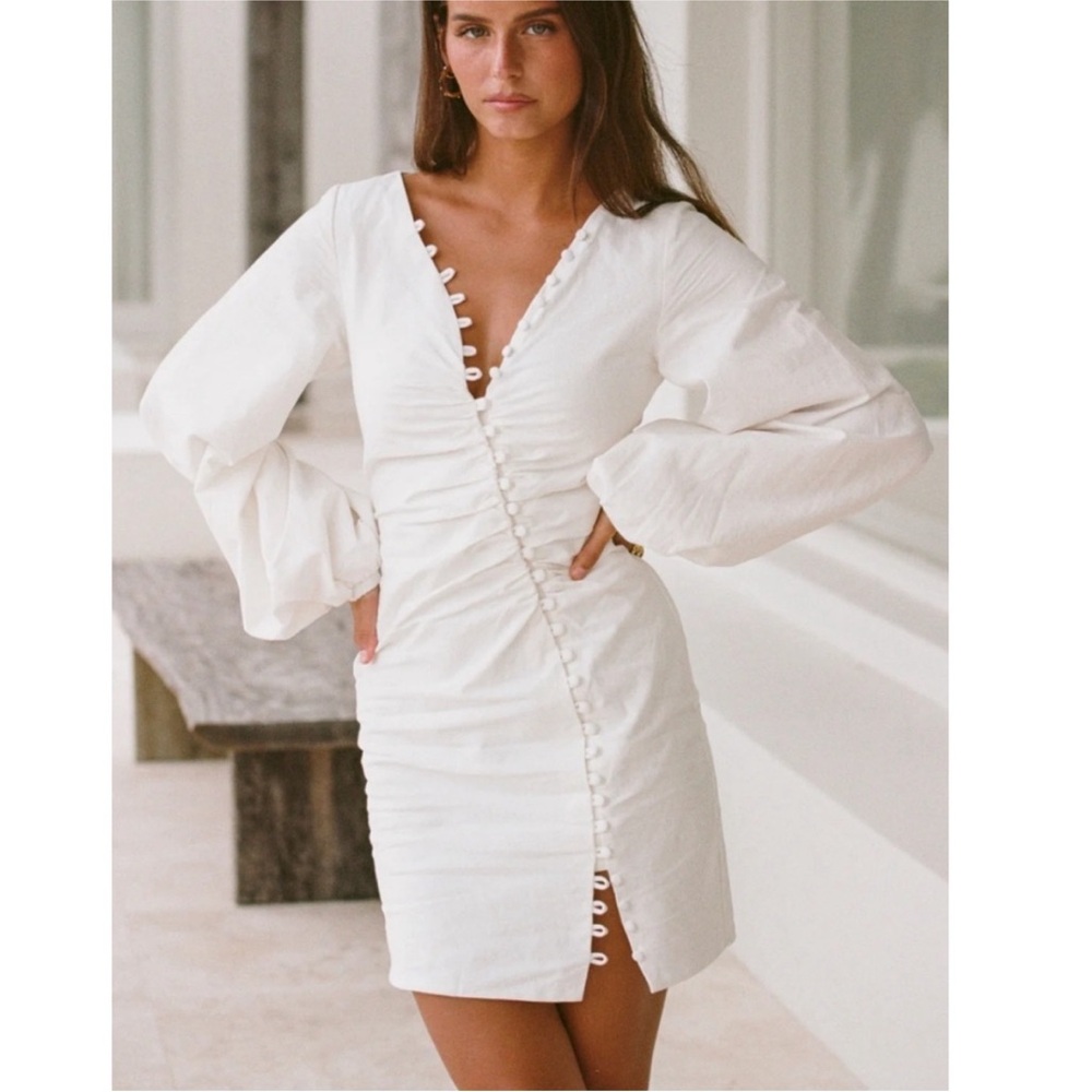 NWOT Sabo Minna Button-Up Ruched Balloon Sleeve Mini Dress White 6